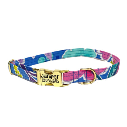 Blue Tropical Floral Personalized Dog Collar - muttsnbones