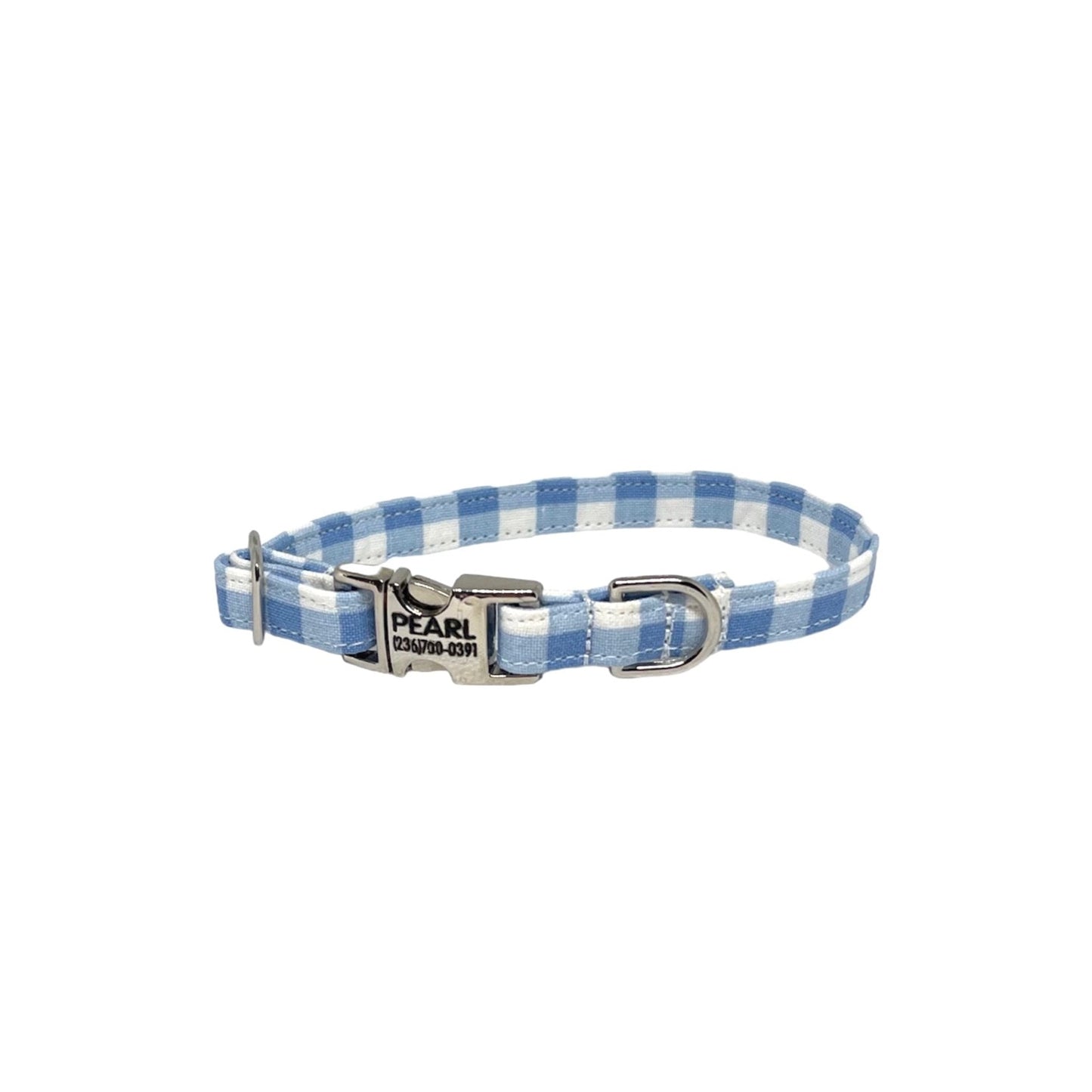 Light blue ting personalized dog collar in gingham print