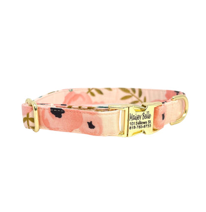 pink poppy floral dog collar with personalized buckle