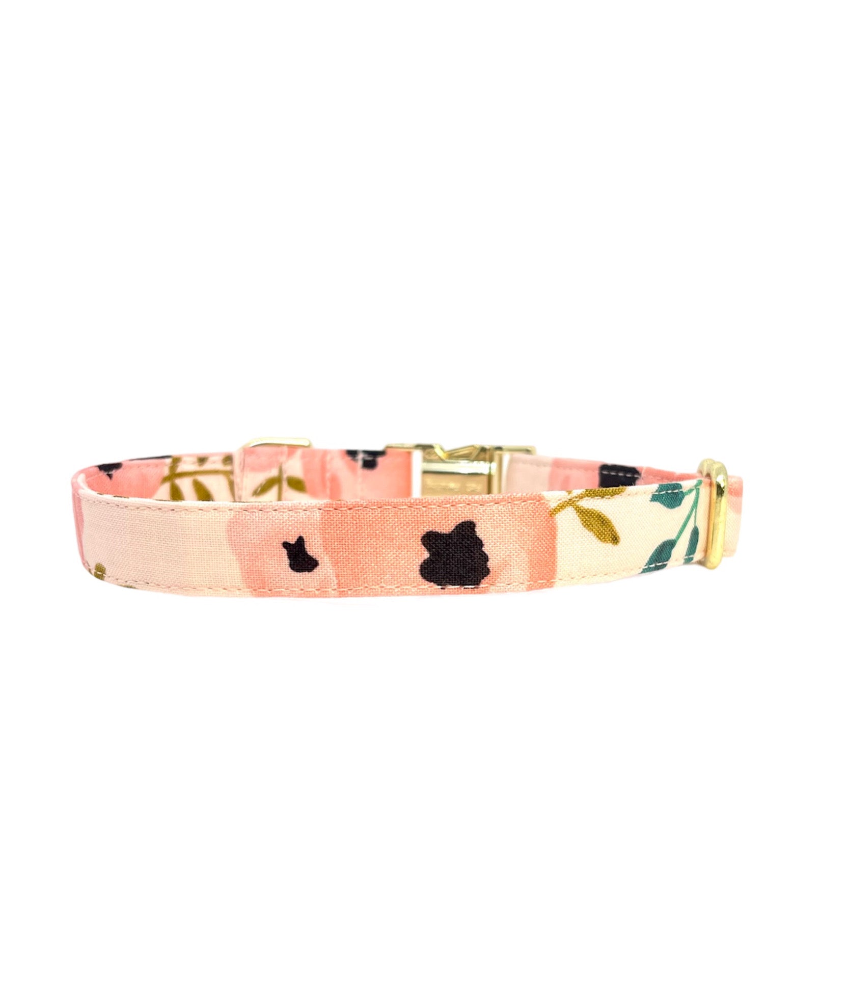 pink peach flower print dog collar with engraved buckle