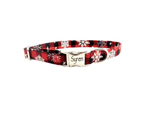 Red Snowflake Plaid Dog Collar- Fabric Style