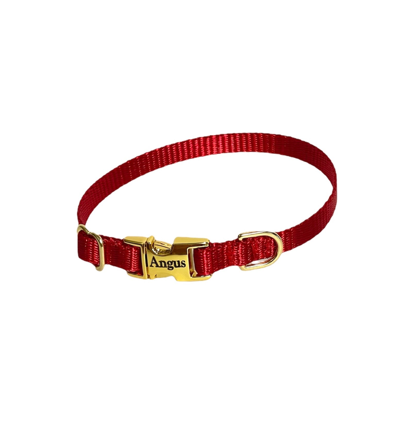 red nylon dainty dog collar with engraved buckle