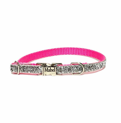 Dainty Silver Neon Pink Sparkle Dog Collar - muttsnbones