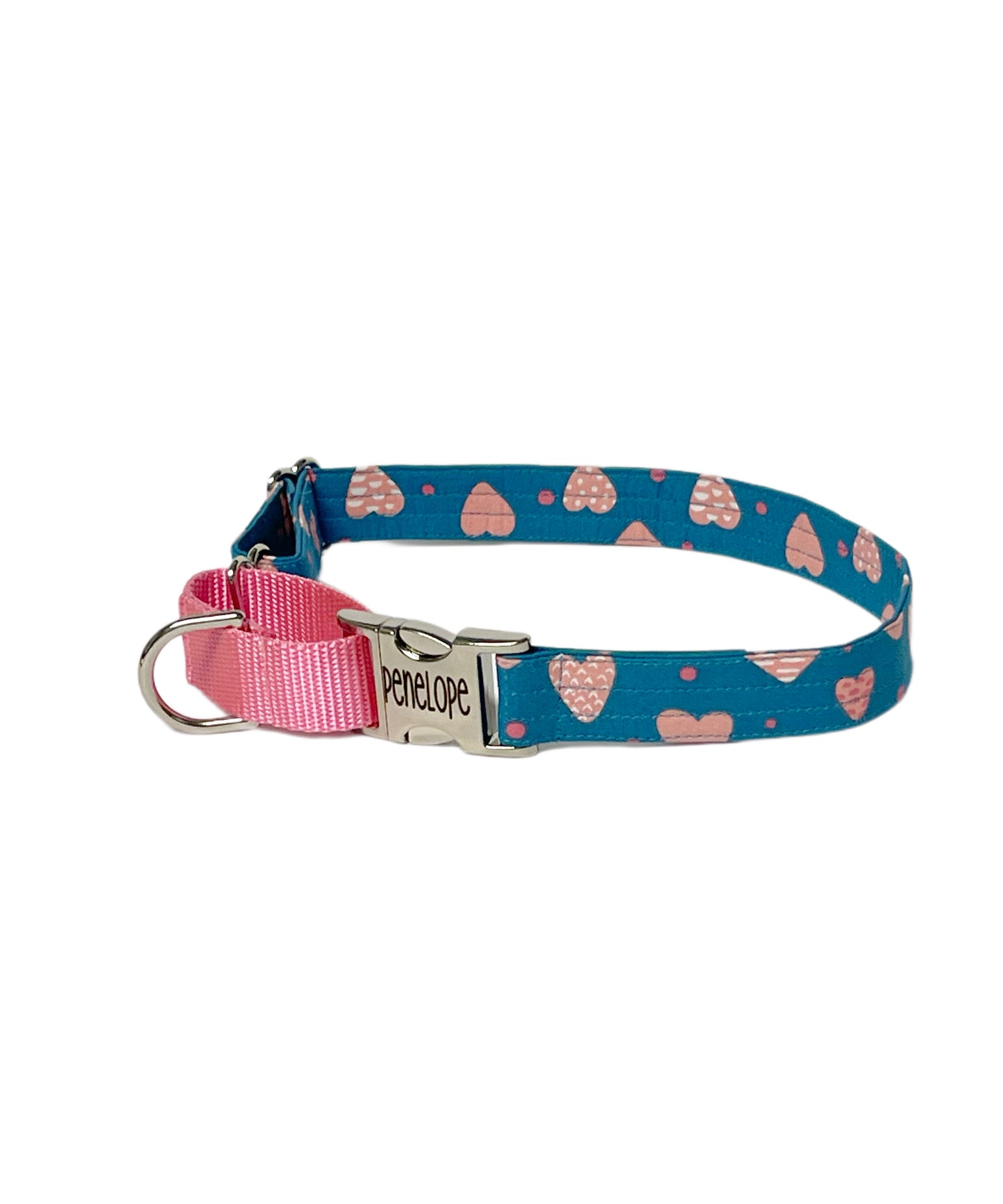 pink heart valentine martingale dog collar with personalized buckle