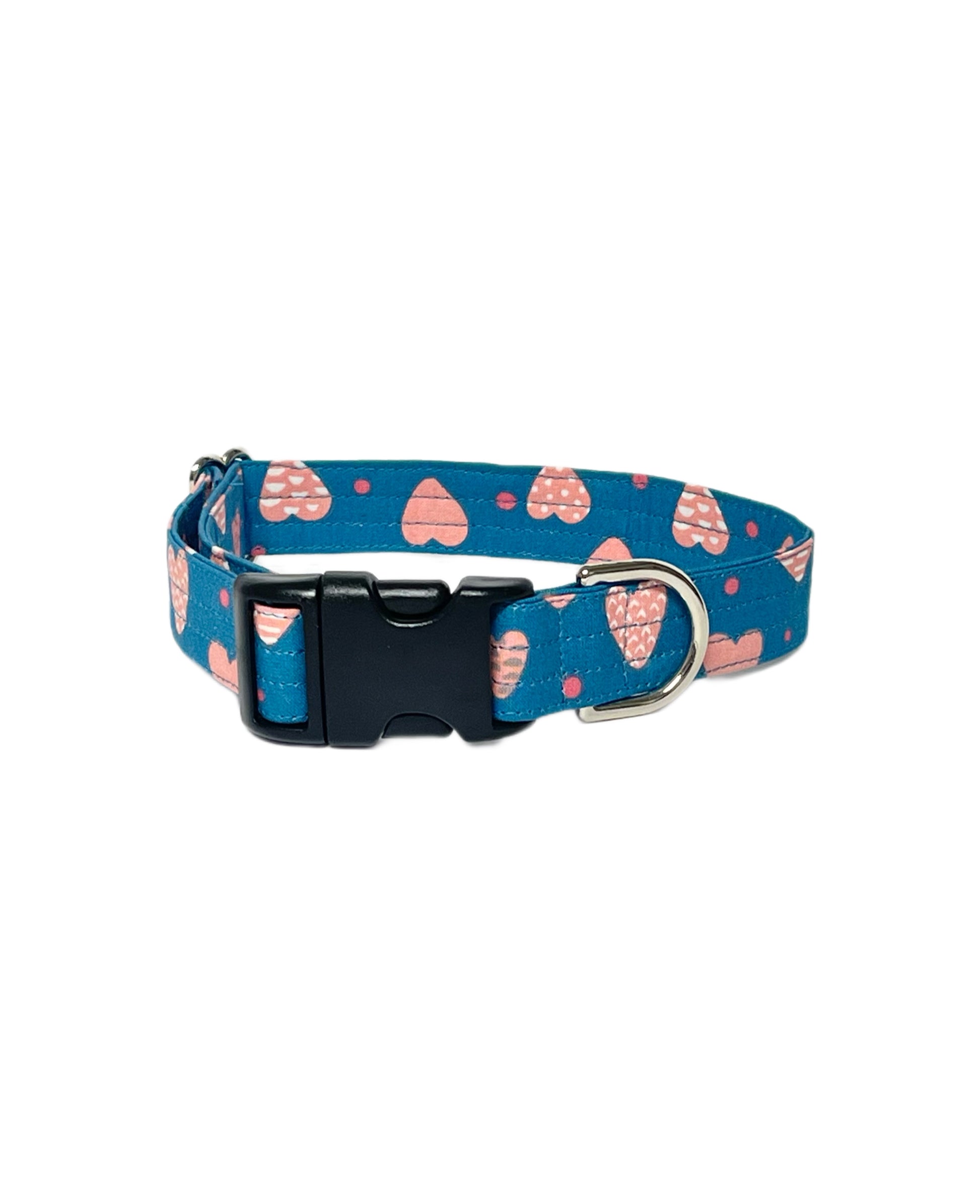 blue with pink heart dog collar with engraved buckle