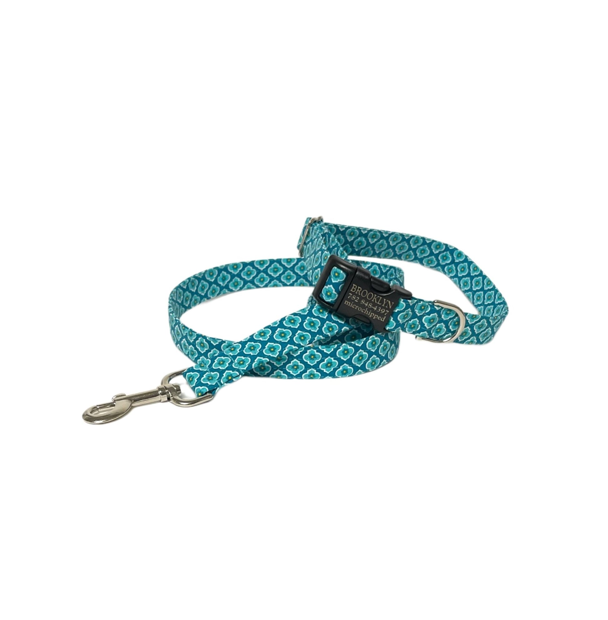 teal personalized dog collar leash set