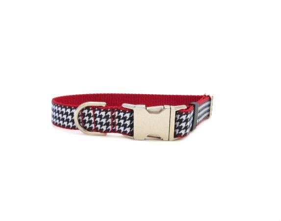 Red Houndstooth Dog Collar - Personalized Laser Engraved Buckle Option- - muttsnbones