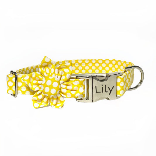 Yellow Sunflower Polka Dot Dog Collar - Fabric Style - muttsnbones